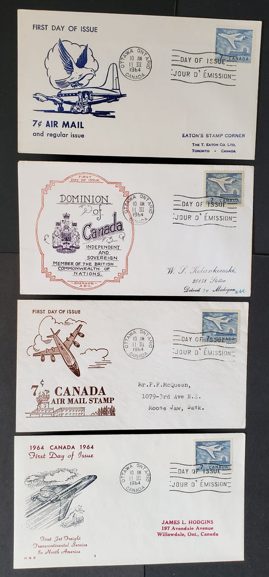 Lot 66 Canada #414 7c Blue Jet Plane 1964 Definitives, 4 H&E C, Ginn, Boerger ABC, And ARC First Day Covers Franked With Singles,  All Addressed. Cat. Value $18