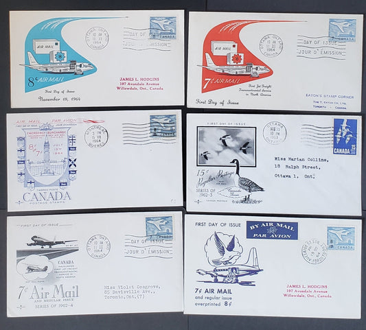 Canada #414-415,430,436 7c,8c on 7c,8c,15c Blue Jet Plane, Goose, Jet Plane 1964 Definitives, Jet Definitives, 6 Personal, Arc B, Rosecraft First Day Covers Franked With Singles,  All Addressed. Cat. Value $20