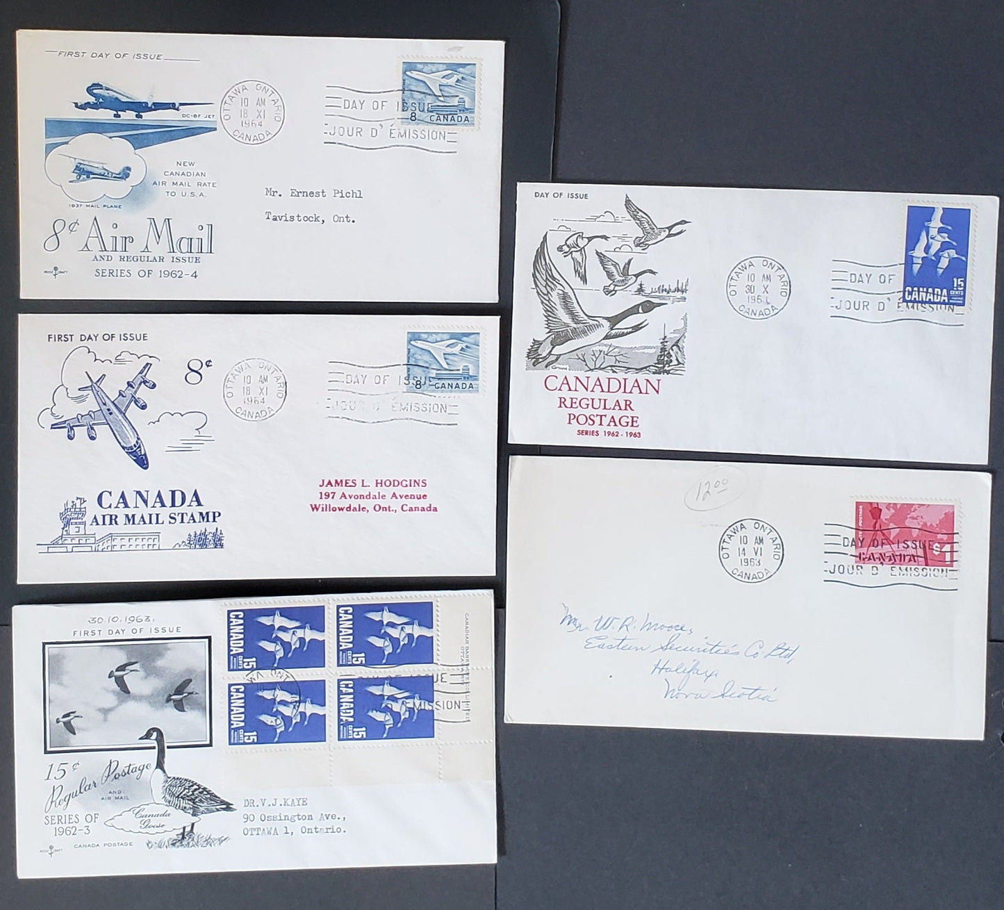 Lot 68 Canada #411,415,430 8c,15c,$1.00 Crane & Map, Goose, Jet 1964 Canadian Exports,Definitives, Jet Surcharge, 5 No Cachet, Rosecraft, Ginn A First Day Covers Franked With Singles,  All Addressed Except Ginn. Cat. Value $29