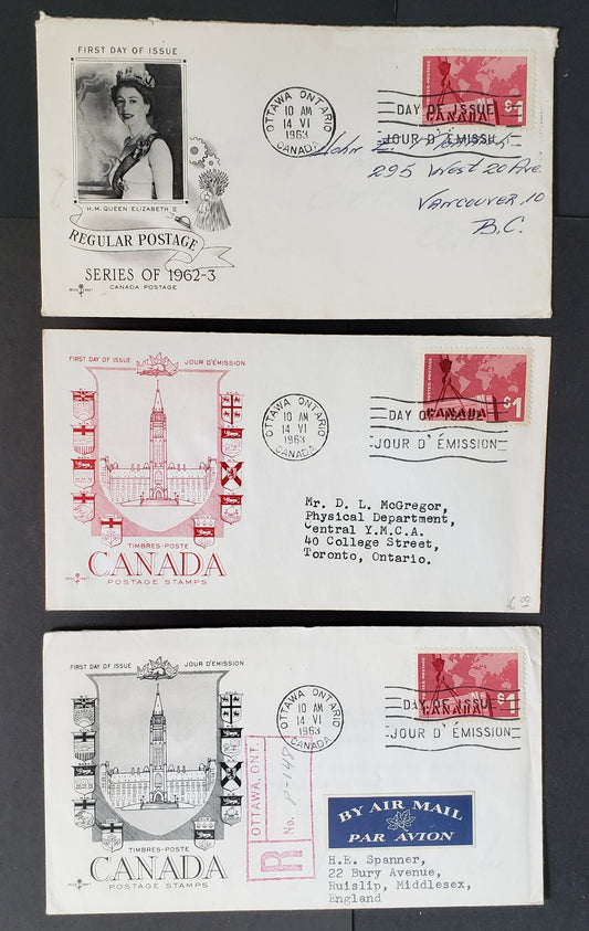 Lot 69 Canada #411 1 Rose Carmine Crane & Map 1964 Canadian Exports, 3 Rosecraft First Day Covers Franked With Singles, Normal, A&F Cachets, DF Paper,  All Addressed. Cat. Value $36