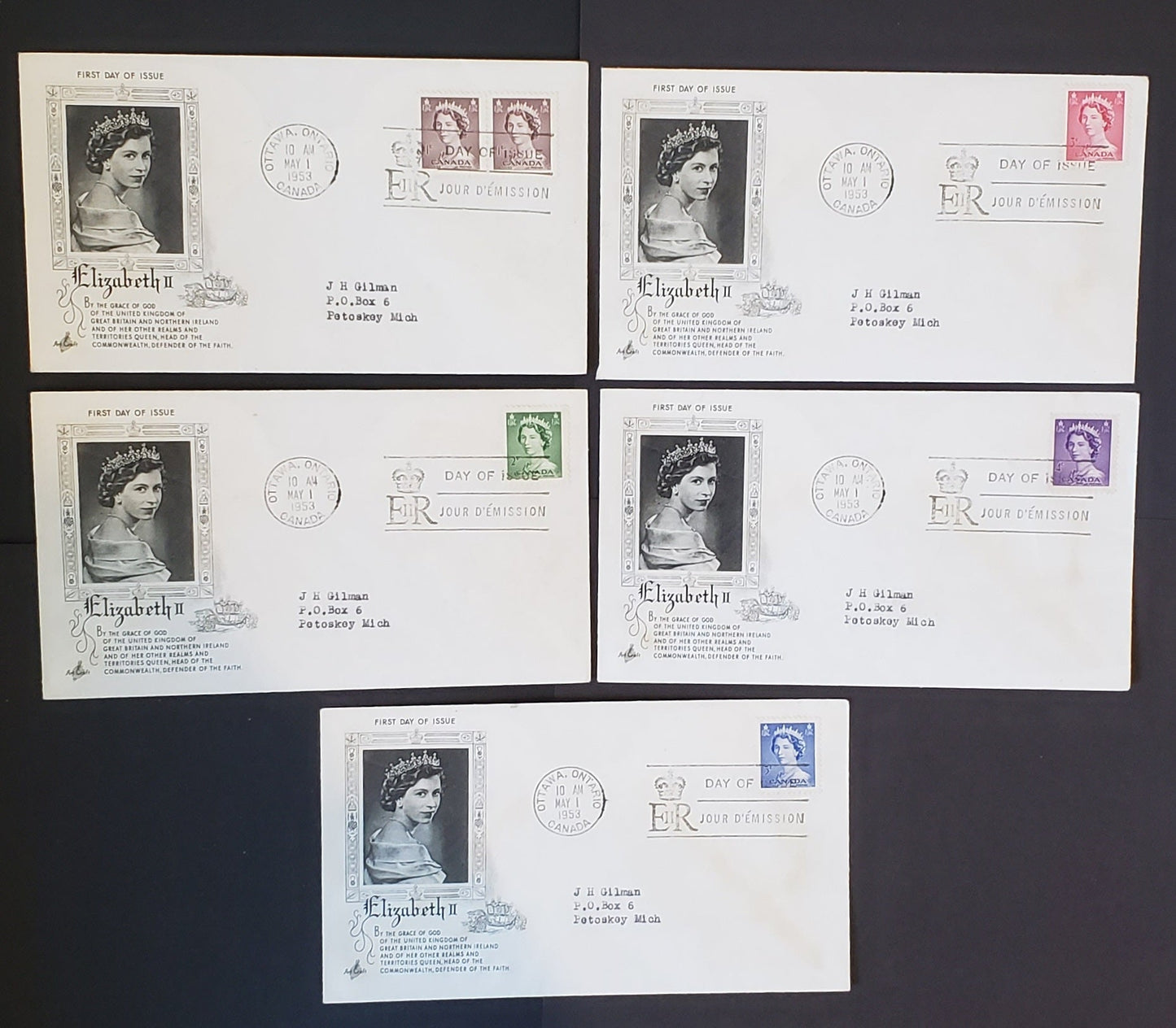 Lot 7 Canada #325-329 1c-5c Violet Brown-Ultramarine Queen Elizabeth II 1953 Karsh Issue, 5 Artcraft E Cachets First Day Covers Franked With Singles & Pair, All Addressed, Cat. Value $40