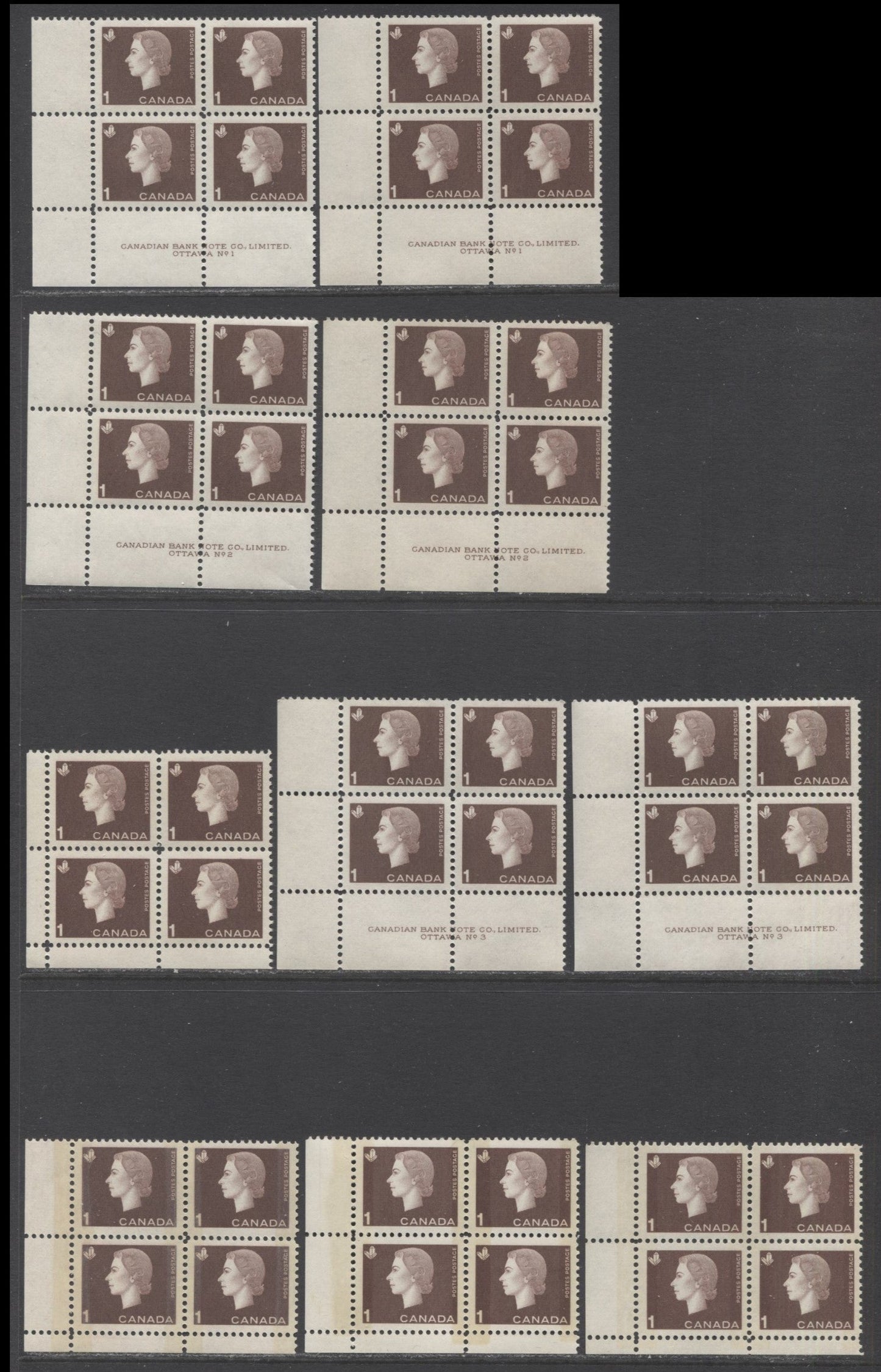 Lot 73 Canada #401,p 1c Brown Crystals, 1962-1963 Cameo Issue, 10 VFNH LL Plates 1-3 Tagged & Untagged Blocks Of 4 With Different Papers, Perfs And Gums