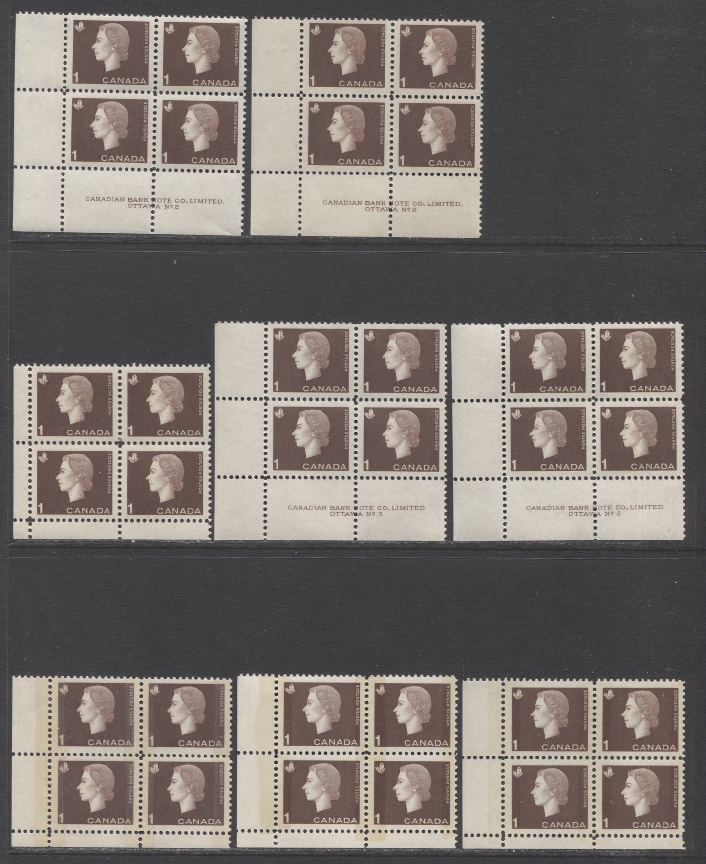 Lot 73 Canada #401,p 1c Brown Crystals, 1962-1963 Cameo Issue, 10 VFNH LL Plates 1-3 Tagged & Untagged Blocks Of 4 With Different Papers, Perfs And Gums