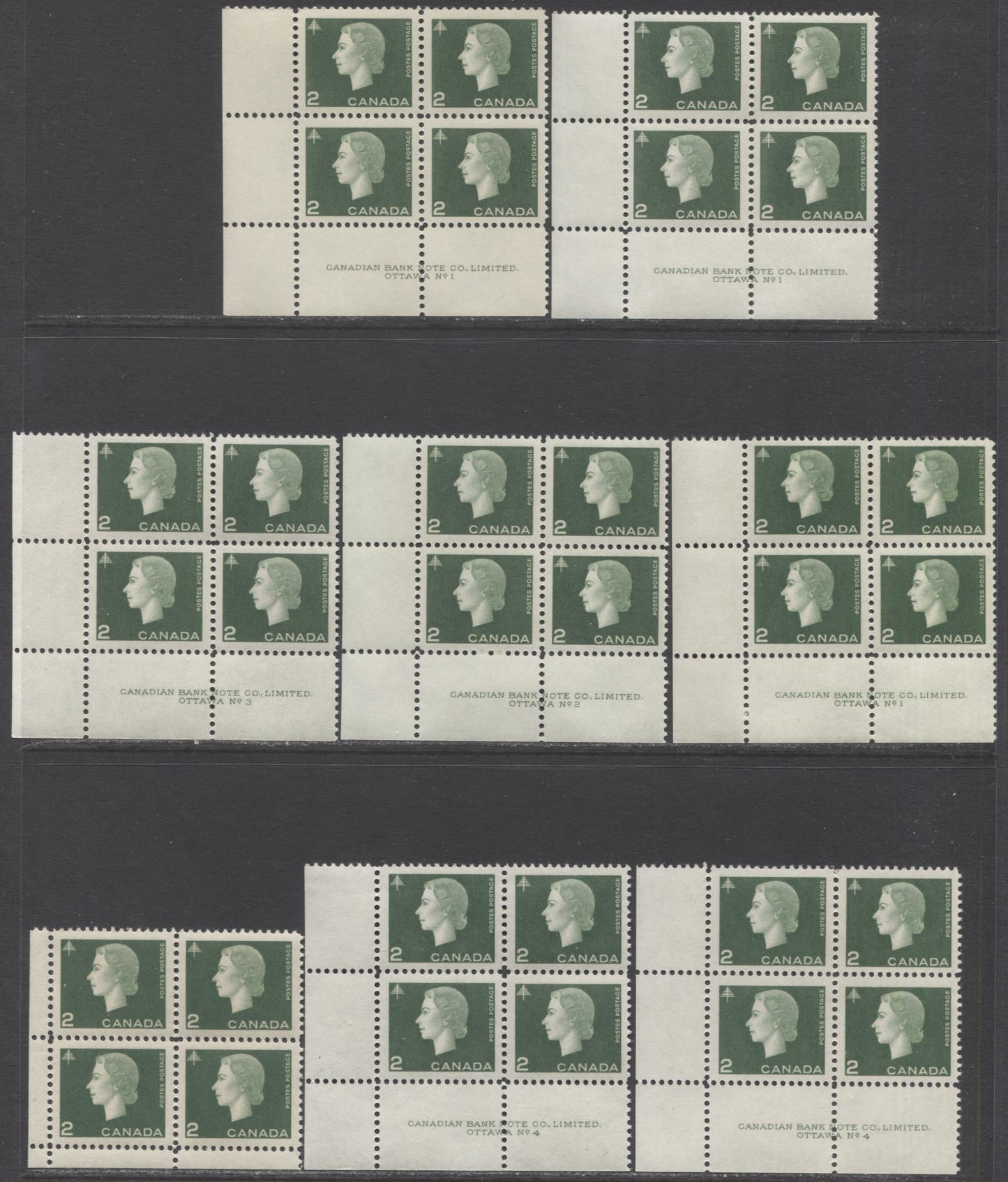 Lot 77 Canada #402 2c Green Forestry, 1962-1963 Cameo Issue, 8 VFNH LL Plates 1-4 & F/S Blocks Of 4 With Shade & Gum Varieties