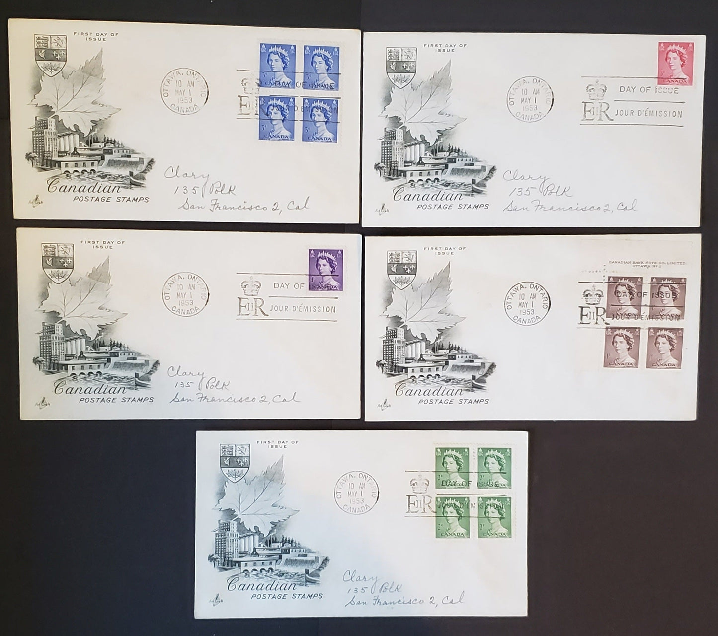 Lot 8 Canada #325-329 1c-5c Violet Brown-Ultramarine Queen Elizabeth II 1953 Karsh Issue, 5 Artcraft A Cachets First Day Covers Franked With Singles & Blocks Of 4, All Addressed Except 1c, Cat. Value $40