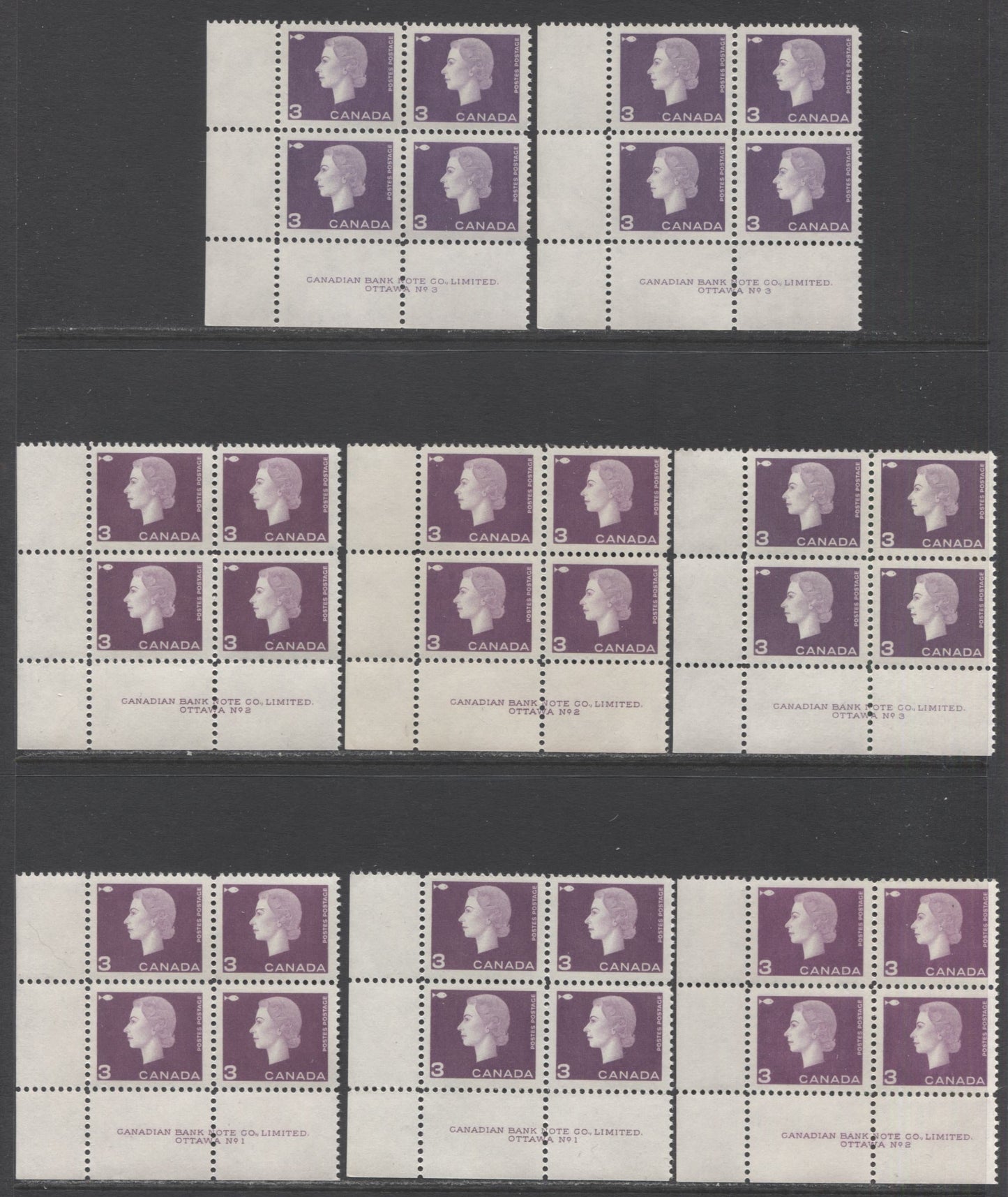 Lot 85 Canada #403,ii 3c Purple Fishing Industry, 1962-1963 Cameo Issue, 8 VFNH LL Plates 1-3 Blocks Of 4 With Different Gums & Shades