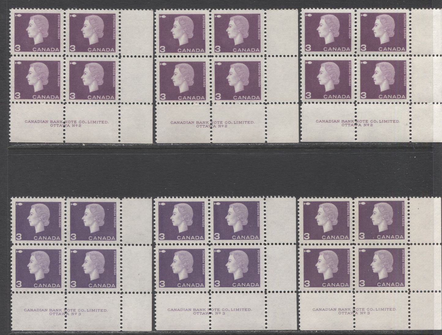 Lot 86 Canada #403,ii 3c Purple Fishing Industry, 1962-1963 Cameo Issue, 10 VFNH LR Plates 1-3 Blocks Of 4 With Different Gums & Shades