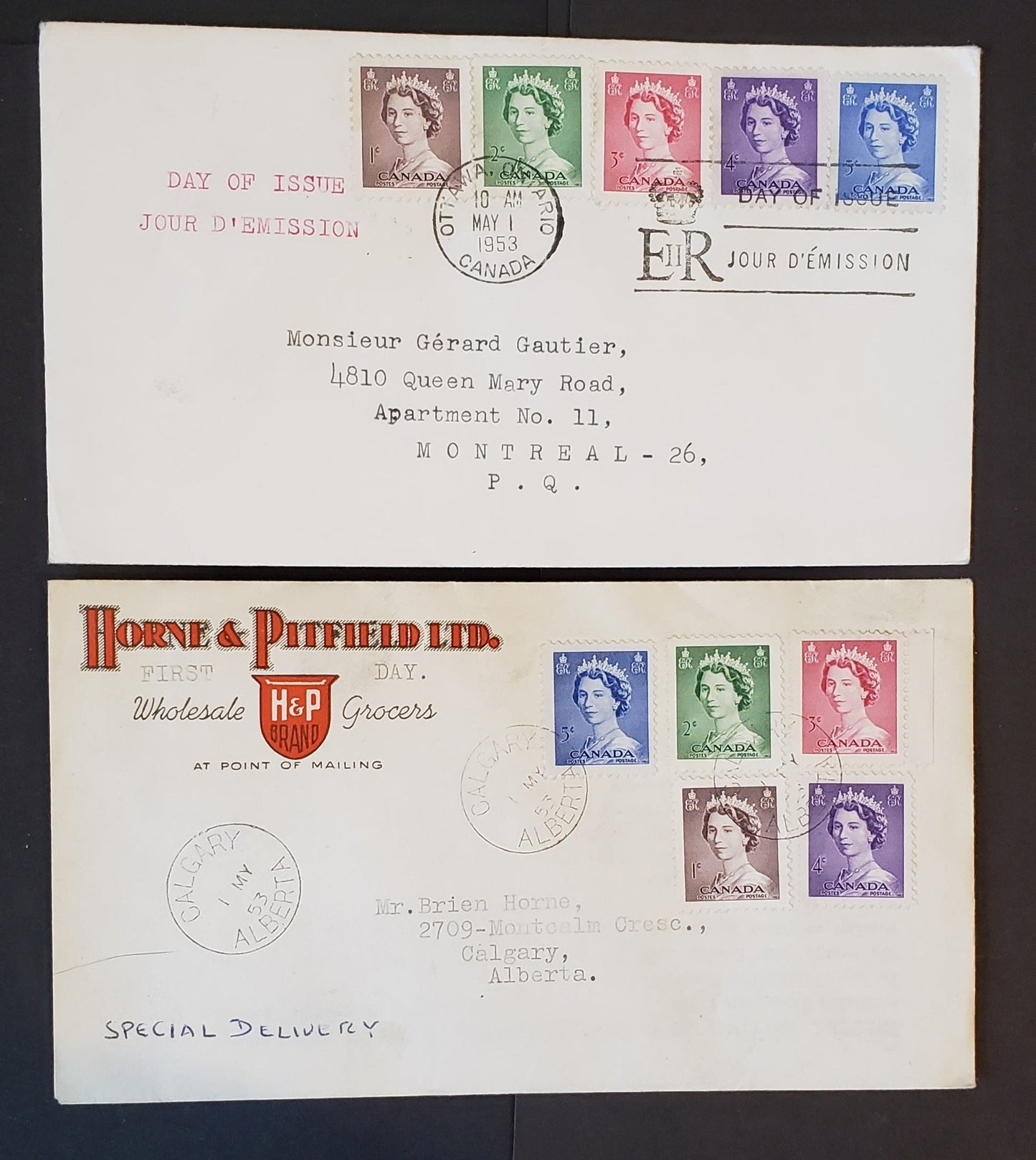 Lot 9 Canada #325-329 1c-5c Violet Brown-Ultramarine Queen Elizabeth II 1953 Karsh Issue, 2 No Cachets First Day Covers Franked With Combination Singles, All Addressed, Cat. Value $28