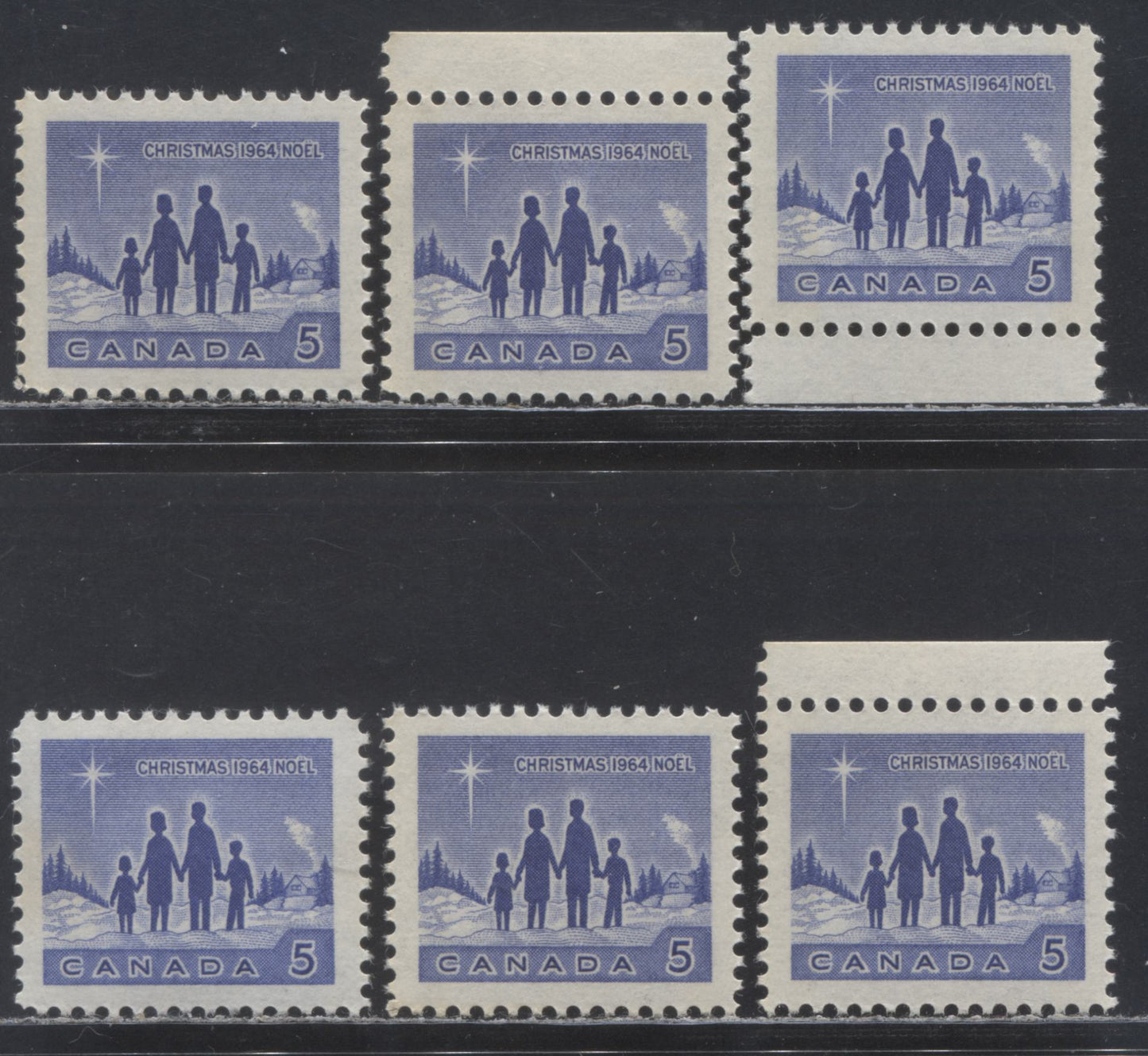 Lot 212 Canada #435piii 5c Dull Blue, 1964 Christmas - Star Of Bethlehem Issue, 6 VFNH Singles W2B Fluorescent Paper, 4 Different Types Of Tagging, Smooth & Streaky Gum