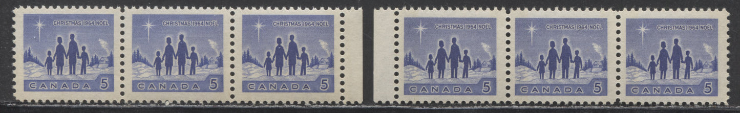 Lot 213 Canada #435pii, 435piv 5c Dull Blue, 1964 Christmas - Star Of Bethlehem Issue, 2 VFNH Margin Strips Of 3 W2B Wide And Narrow Bar, On DF Paper