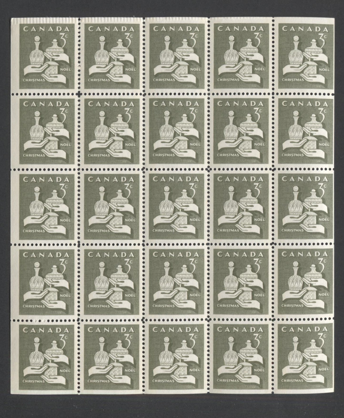 Lot 6 Canada #443q 3c Olive Gifts From The Wise Men, 1965 Christmas, A VFNH Tagged Miniature Pane Of 25 With Bluish White Tagging, 4 Second Afterglow, Crimping Along Top Edge, Streaky Dex