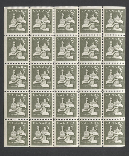 Lot 6 Canada #443q 3c Olive Gifts From The Wise Men, 1965 Christmas, A VFNH Tagged Miniature Pane Of 25 With Bluish White Tagging, 4 Second Afterglow, Crimping Along Top Edge, Streaky Dex