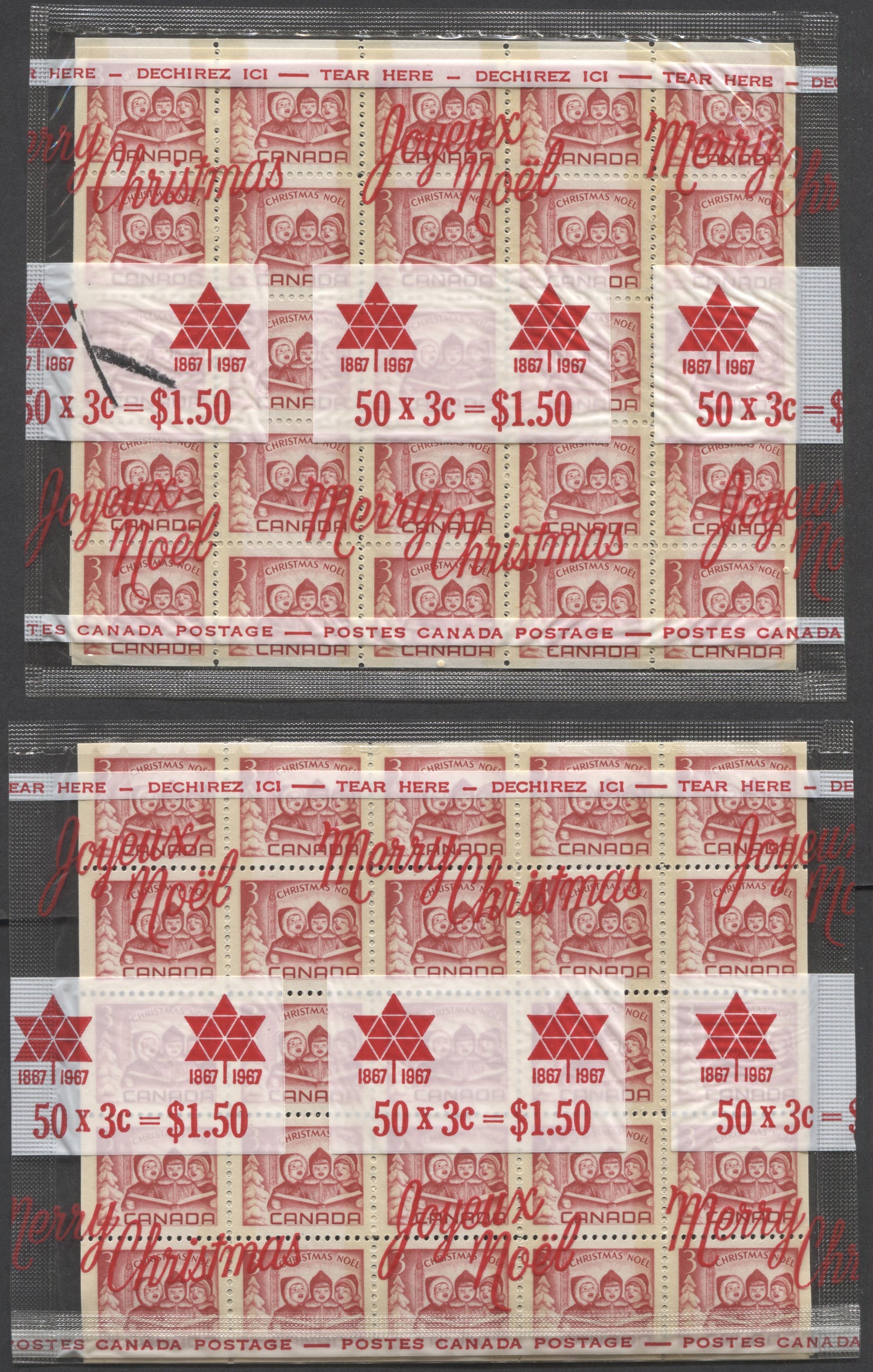 Lot 7 Canada #476q 3c Carmine Children Carolling, 1967 Christmas, 2 VFNH Cello Paq's Of Panes Of 50 On Speckled Fluorescent Paper With Yellowish Tagging (5 Second Afterflow), One With Normal & One With Wider Tag Bars