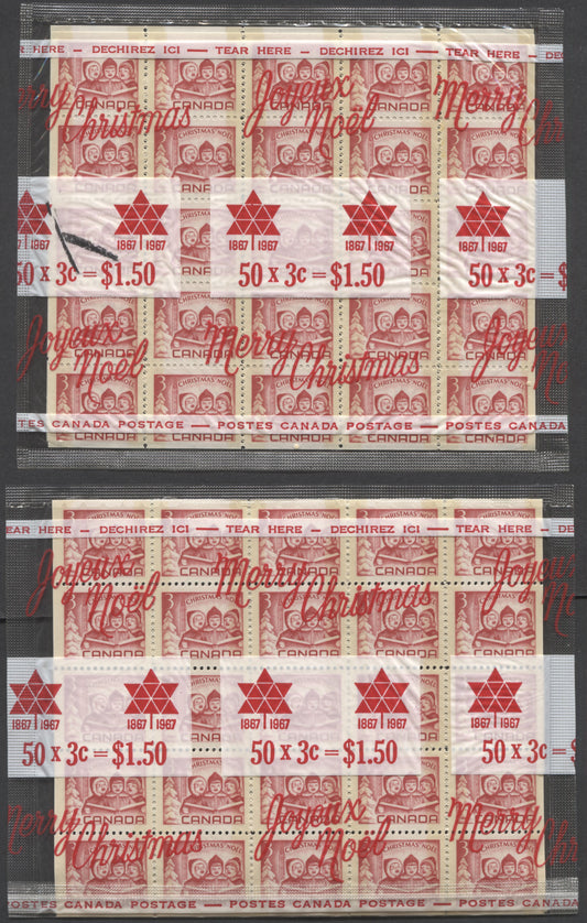 Lot 7 Canada #476q 3c Carmine Children Carolling, 1967 Christmas, 2 VFNH Cello Paq's Of Panes Of 50 On Speckled Fluorescent Paper With Yellowish Tagging (5 Second Afterflow), One With Normal & One With Wider Tag Bars