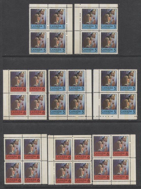 Canada #502p-503p 5c-6c Blue & Red Children Praying, 1969 Christmas, 8 VFNH Matched Sets Of Tagged Corner Blocks  With Dark Yellow Tagging Under Shortwave UV Which Gives 4 Second Afterglow