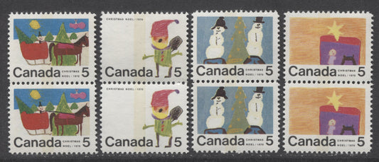 Lot 47 Canada #519p-521p, 523p 5c Multicolored Santa Claus-Snowman & Tree, 1970 Christmas, 4 VFNH Tagged Vertical Pairs