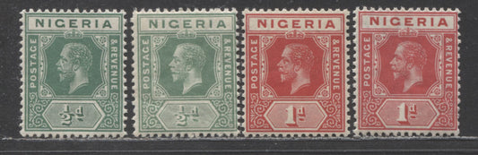 Nigeria SC# 1,2-2b (SG# 1,2-2a) 1/2d Green, 1d Carmine & Scarlet 1914-1929 Imperium Key Plate Issue, Multiple Crown Watermark CA, 2 Printings Of Each, 4 F-VF NH Examples, Click on Listing to See ALL Pictures, Estimated Value $65 for NH