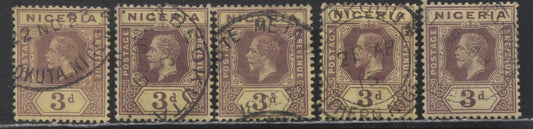 Nigeria SC#13 3d Purple On Yellow 1914-1929 Imperial Keyplate Issue, With White Backs, Smaller Village Cancels, Multiple Crown CA Wmk, 5 F/VF Used Singles, Click on Listing to See ALL Pictures, 2022 Scott Classic Cat. $60 USD