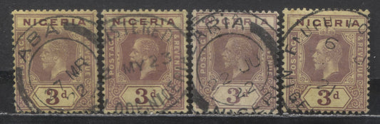 Nigeria SC#5 Pale Purple & Brown On Yellow 1914-1929 Imperial Keyplate Issue, With Pale Yellow Back With Smaller Town/Village Cancels, Multiple Crown CA Wmk, 4 Fine Used Singles, Click on Listing to See ALL Pictures, Estimated Value $50 USD