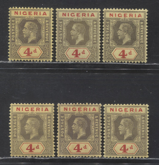 Nigeria SC#6/14 1914-1929 Imperial Keyplate Issue, All Listed Printings Except 4d Black & Red On Orange Buff, Multiple Crown CA Wmk, 6 VFOG Singles, Click on Listing to See ALL Pictures, Estimated Value $75 USD