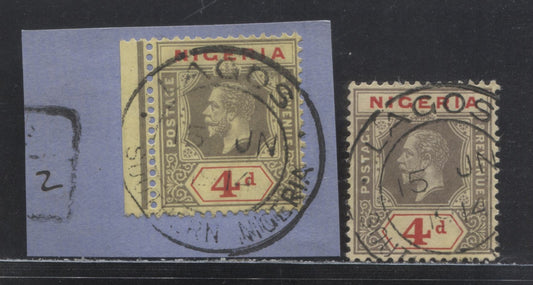 Nigeria SC#14 4d Gray & Red On Yellow & Pale Yellow 1914-1929 Imperial Keyplate Issue, With White Backs, Lagos Cancel, June 15, 1914, Multiple Crown CA Wmk, 2 VF Used Singles, 2022 Scott Classic Cat. $23 USD