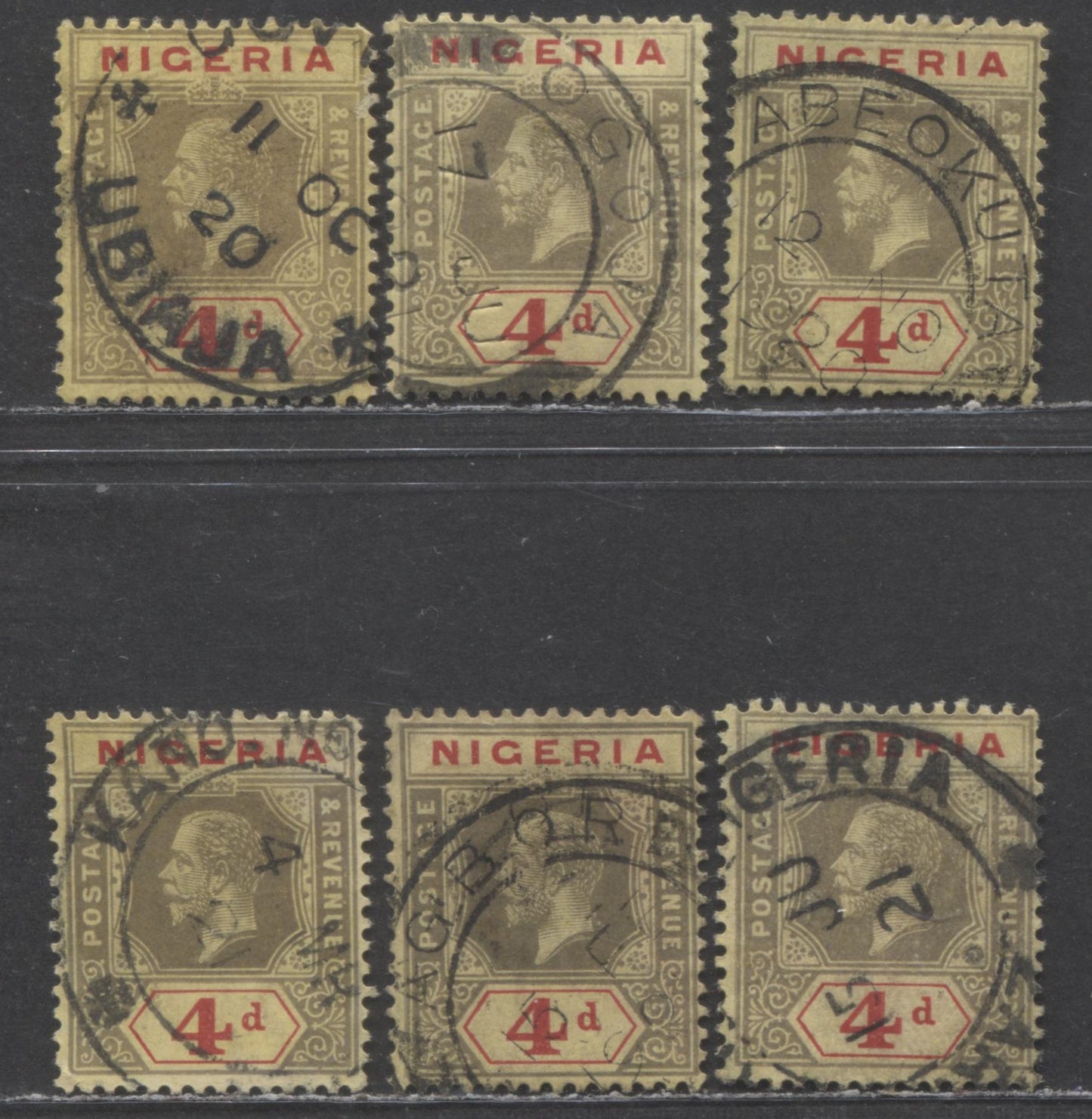 Nigeria SC#5 4d Grey & Red On Pale Yellow & Buff 1914-1929 Imperial Keyplate Issue, With Smaller Town & Village Cancels, Multiple Crown CA Wmk, 6 Fine Used Singles, Click on Listing to See ALL Pictures, Estimated Value $65 USD