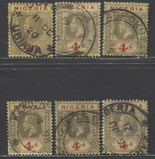 Nigeria SC#5 4d Grey & Red On Pale Yellow & Buff 1914-1929 Imperial Keyplate Issue, With Smaller Town & Village Cancels, Multiple Crown CA Wmk, 6 Fine Used Singles, Click on Listing to See ALL Pictures, Estimated Value $65 USD