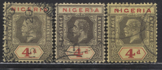 Nigeria SC#6 4d Black & Red/Gray Black & Red On Deep Yellow 1914-1929 Imperial Keyplate Issue, With Yellow & Buff Back, Multiple Crown CA Wmk, 3 VF Used Singles, Click on Listing to See ALL Pictures, Estimated Value $30 USD