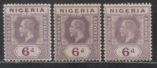 Nigeria SC#7 6d Dull Purple & Bright Purple 1914-1929 Imperial Keyplate Issue, Three Different Printings, Multiple Crown CA Wmk, 3 VFOG Singles, Click on Listing to See ALL Pictures, Estimated Value $30 USD