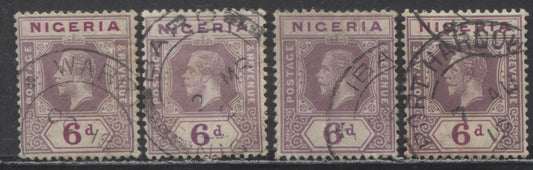 Nigeria SC#7 6d Dull Purple & Bright Purple/Violet 1914-1929 Imperial Keyplate Issue, Examples With Smaller Town/Village CDS Cancels, Multiple Crown CA Wmk, 4 VF Used Singles, Estimated Value $33 USD