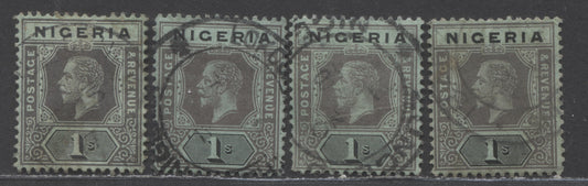 Nigeria SC#8 1/- Black On Blue Green 1914-1929 Imperial Keyplate Issue, With Smaller Village Or Town Cancels, Multiple Crown CA Wmk, 4 VF Used Singles, Click on Listing to See ALL Pictures, 2022 Scott Classic Cat. $40 USD