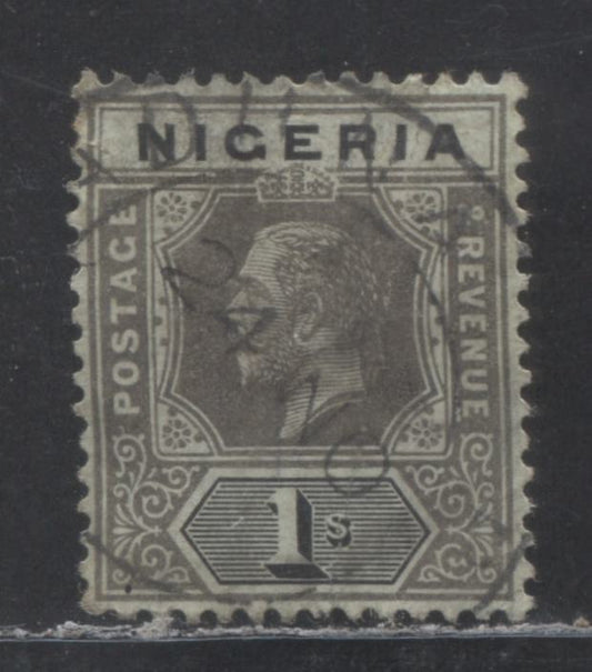 Nigeria SC#8b 1/- Gray & Black On Blue Green 1914-1929 Imperial Keyplate Issue, With Pale Olive Back, Port Harcourt, Multiple Crown CA Wmk, A VF Used Single, Click on Listing to See ALL Pictures, 2022 Scott Classic Cat. $60 USD