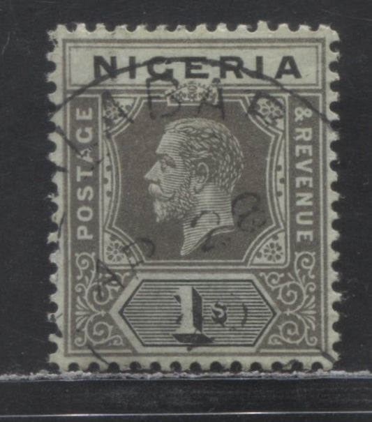 Nigeria SC#8b 1/- Black & Gray On Blue Green 1914-1929 Imperial Keyplate Issue, With Pale Olive Back, Multiple Crown CA Wmk, A VF Used Single, Click on Listing to See ALL Pictures, 2022 Scott Classic Cat. $60 USD