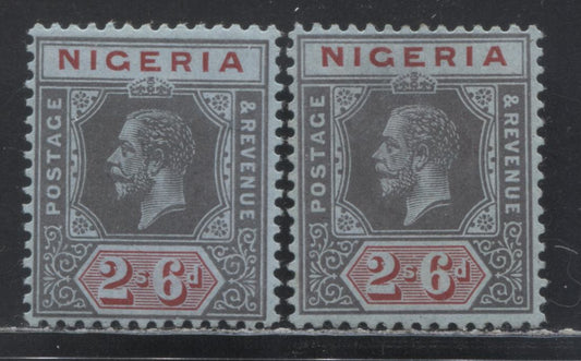 Nigeria SC#9 2/6 Gray Black & Carmine On Bluish Paper 1914-1929 Imperial Keyplate Issue, Two Different Printings, Multiple Crown CA Wmk, 2 FOG Singles, Click on Listing to See ALL Pictures, Estimated Value $20 USD