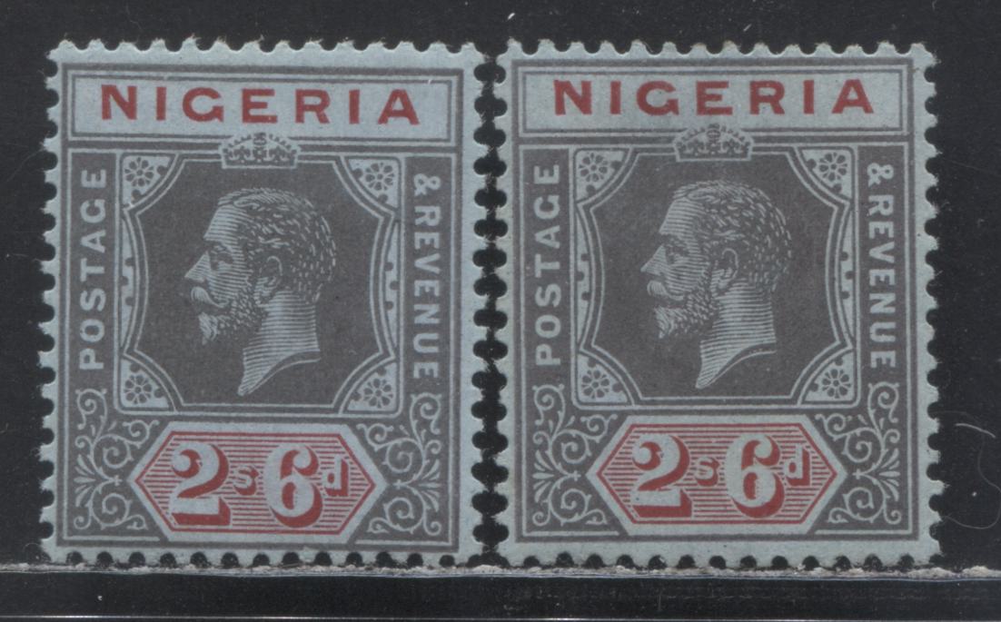 Lot 131 Nigeria SC#9 2/6 Gray Black & Carmine On Bluish Paper 1914-1929 Imperial Keyplate Issue, Two Different Printings, Multiple Crown CA Wmk, 2 FOG Singles, Click on Listing to See ALL Pictures, Estimated Value $20 USD