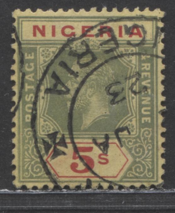 Nigeria SC#10 5/- Green & armine On Yellow Paper With Pale Yellow Back 1914-1929 Imperial Keyplate Issue, 1921 Printing, January 1923 CDS, Likely Lagos, Multiple Crown CA Wmk, A VF Used Single, Estimated Value $170 USD