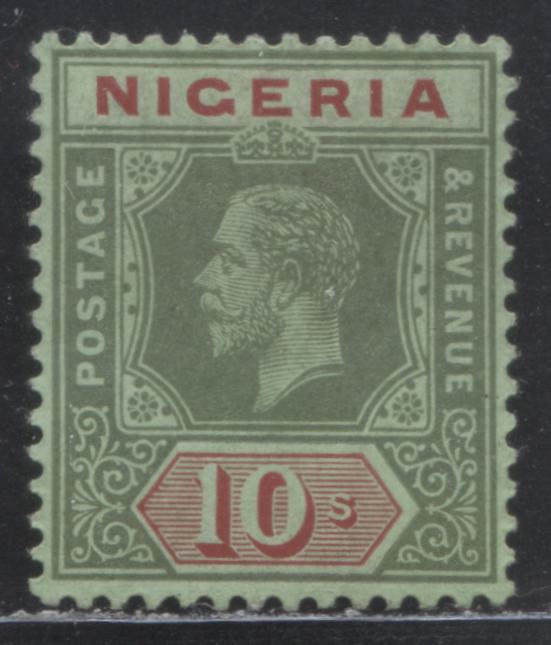 Nigeria SC#11a 10/- Green & Red On Emerald Paper 1914-1929 Imperial Keyplate Issue, Multiple Crown CA Wmk, A VFOG Single, Click on Listing to See ALL Pictures, 2022 Scott Classic Cat. $40 USD