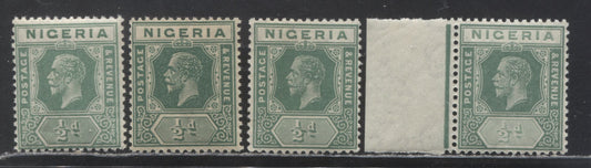 Nigeria SC# 18-18a (SG# 15-15b) 1/2d Green 1921 - 1933 King George V Imperium Key Plate Issue, Script CA Watermark, 2 Printings Each Of Die 1&2, 4 F/VF NH Singles, Click on Listing to See ALL Pictures, Estimated Value $30