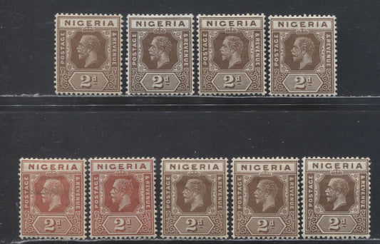 Nigeria SC# 22-23b (SG# 19-20a) 2d 1921 - 1933 King George V Imperium Key Plate Issue, Script CA Watermark, Die 1 & 2 Different Printings, 9 F/VF OG Singles, Click on Listing to See ALL Pictures, 2022 Scott Classic Cat. $46 USD