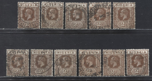 Nigeria SC# 23,23b (SG# 20,20a) 2d Dark Brown 1921 - 1933 King George V Imperium Key Plate Issue, Script CA Watermark, 3 Die 1 & 8 Die 2 W/ Smaller Town And Village Cancels Incl. German Ship Cancel, 11 F/VF Used Singles, Estimated Value $5 USD