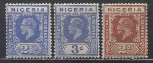 Nigeria SC# 22,24,26 (SG# 19,21,22) 2d, 2 1/2d, 3d 1921 - 1933 King George V Imperium Key Plate Issue, Script CA Watermark, 3 VFNH Singles, Click on Listing to See ALL Pictures, Estimated Value $32 USD
