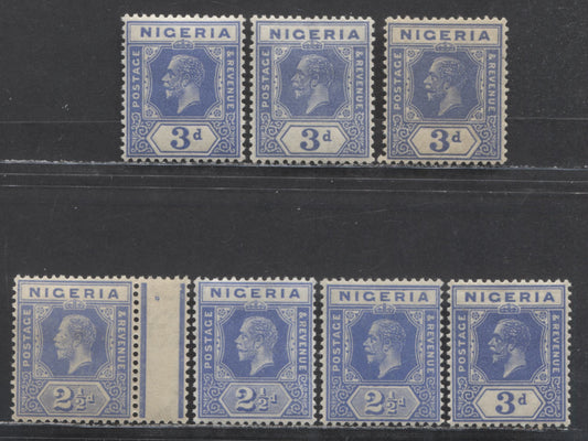 Nigeria SC# 24,26 (SG# 21,23) 2 1/2d, 3d 1921 - 1933 King George V Imperium Key Plate Issue, Script CA Watermark, Different Printings Being All Slightly Different Shades, 7 F/VF OG Singles, Estimated Value $43.75 USD