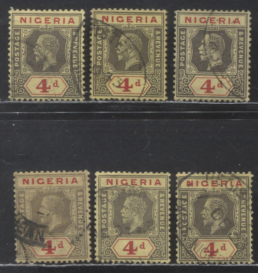 Nigeria SC# 27a (SG# 24a) 4d 1921 - 1933 King George V Imperium Key Plate Issue, Script CA Watermark, Die 1  6 Different Printings On Pale Yellow Backed Paper, 6 F/VF Used Singles, 2022 Scott Classic Cat. $46.50 USD