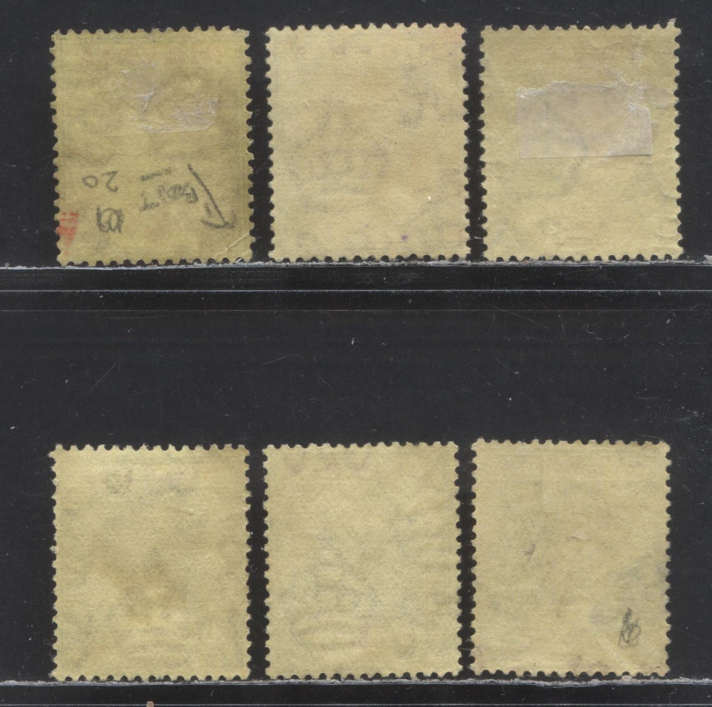 Nigeria SC# 27a (SG# 24a) 4d 1921 - 1933 King George V Imperium Key Plate Issue, Script CA Watermark, Die 1  6 Different Printings On Pale Yellow Backed Paper, 6 F/VF Used Singles, 2022 Scott Classic Cat. $46.50 USD