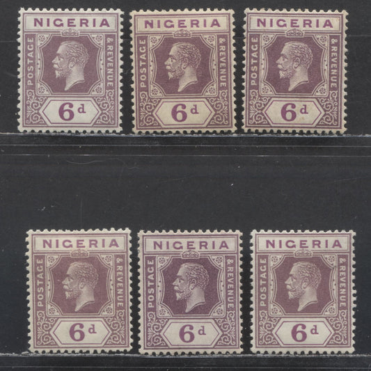 Nigeria SC# 28 (SG# 25a) 6d 1921 - 1933 King George V Imperium Key Plate Issue, Script CA Watermark, 6 Different Printings With Pale Violet Duty Plate Shades, 6 F/VF OG Singles, Click on Listing to See ALL Pictures, 2022 Scott Classic Cat. $48