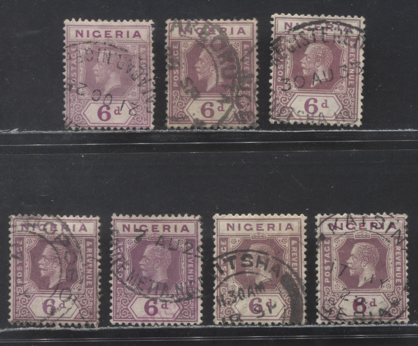 Nigeria SC# 28 (SG# 25a) 6d 1921 - 1933 King George V Imperium Key Plate Issue, Script CA Watermark, Die 2 All With Smaller Town Or Village Cancels, 7 F/VF Used Singles, Click on Listing to See ALL Pictures, 2022 Scott Classic Cat. $56 USD