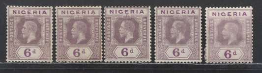 Nigeria SC# 28a (SG# 25) 6d 1921 - 1933 King George V Imperium Key Plate Issue, Script CA Watermark, Die 1, 5 Different Printings With Purple & Bright Purple Duty Plate Shades, 5 FOG Singles, Estimated Value $35 USD