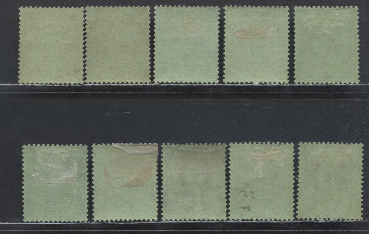 Nigeria SC# 29 (SG# 26) 1/- 1921 - 1933 King George V Imperium Key Plate Issue, Script CA Watermark, 10 Different Printings In Various Shades Of Grey & Black On Emerald, Bluish Emerald, 10 VFOG Singles, 2022 Scott Classic Cat. $72.50 USD