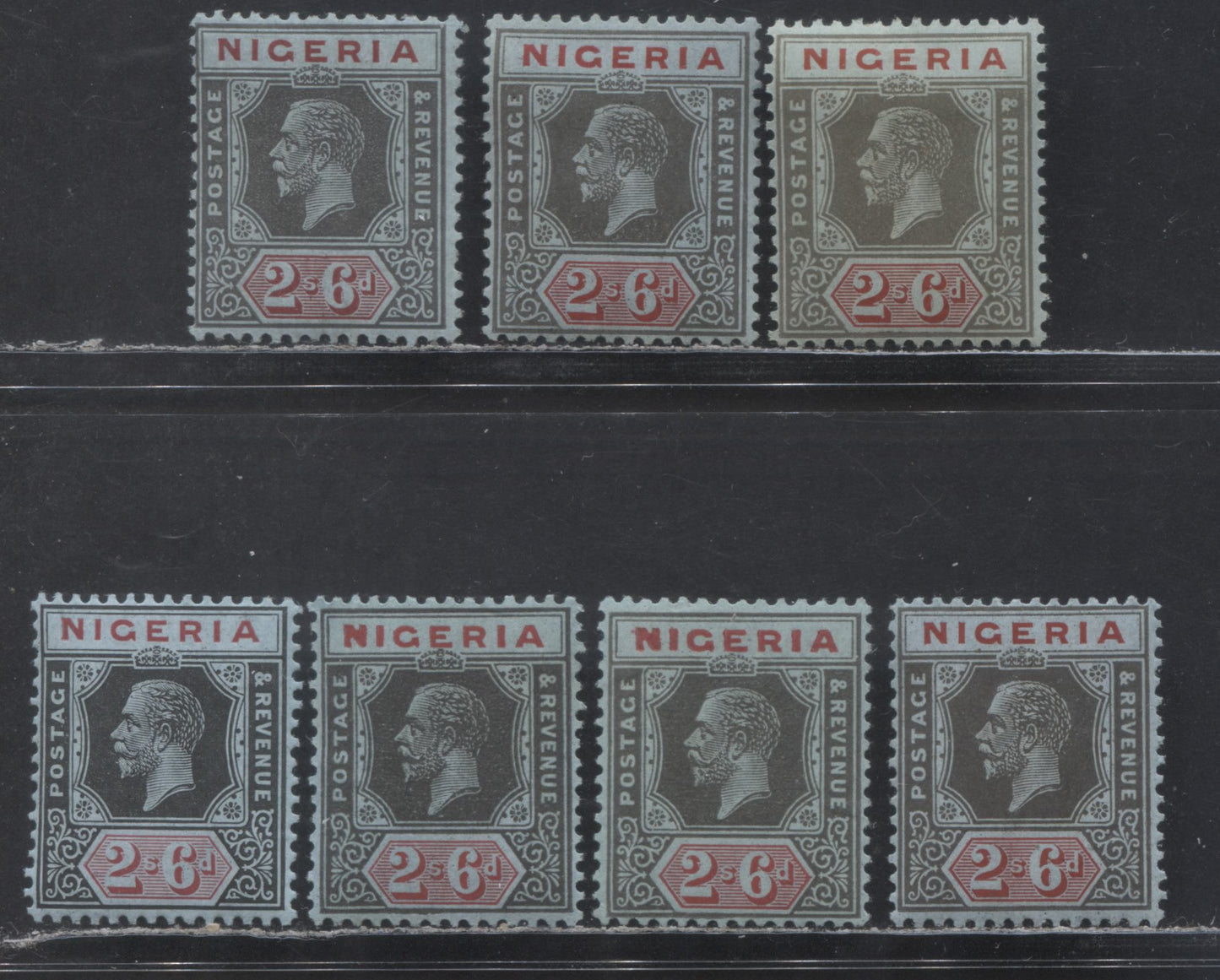 Lot 140 Nigeria SC# 30 (SG# 27) 2/6d 1921 - 1933 King George V Imperium Key Plate Issue, Script CA Watermark, Black And Carmine Die 2, 7 Different Printings All With Carmine Duty Plate, 7 F/VF OG Singles, 2022 Scott Classic Cat. $51.75 USD
