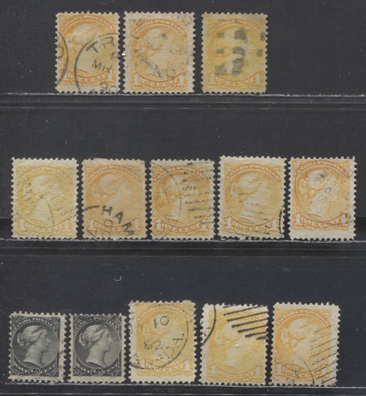 Lot 66 Canada #34, 35, 35i 1/2c, 1c Black, Yellow Queen Victoria, 1870 - 1893 Small Queen Issue, 13 Fine Used Singles Montreal & Ottawa Printings In Various Shades